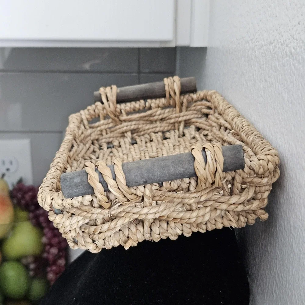Vintage‎ wood braided serving tray with handles napkin basket
